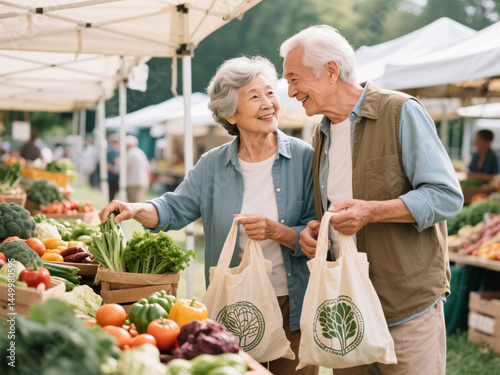 Senior couple buying fresh vegetables at farmers market with reusable bags, promoting brain health, dementia prevention, sustainable lifestyle and healthy aging habits