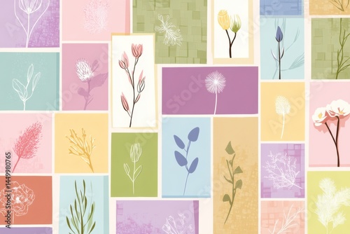 Pastel Geometric Floral Art – Soft Abstract Flowers and Colorful Squares, Modern Decorative Background for Wall Art, Stationery, and Textile Design