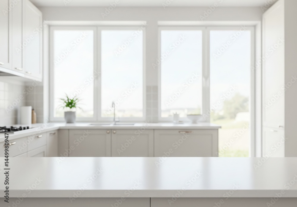 Fototapeta premium Modern kitchen empty wooden table window mockup sink in a hotel interior design
