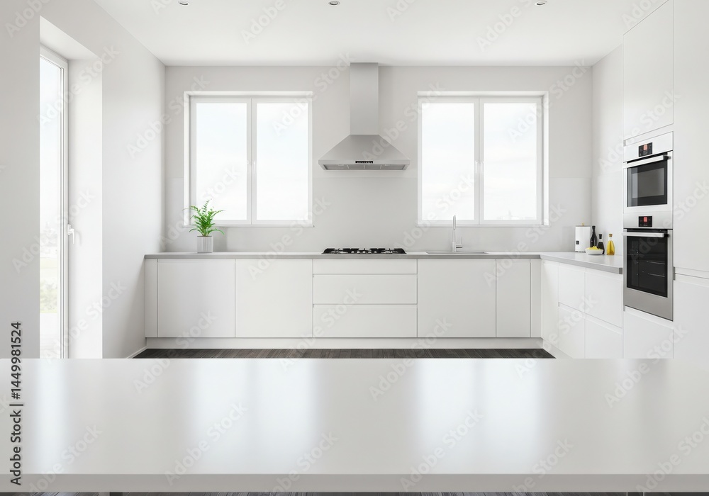 Modern kitchen empty wooden table window mockup sink in a hotel interior design Modern kitchen empty wooden table window mockup sink in a hotel interior design