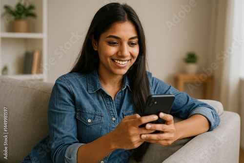 Woman smiling using smartphone.