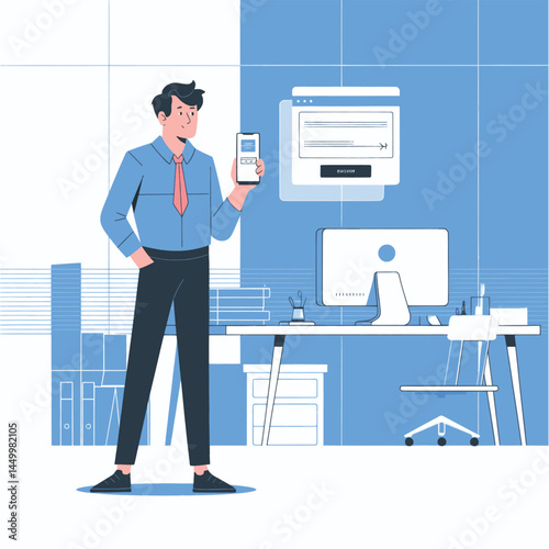 businessman use smart phones for work flat design illustration on office background