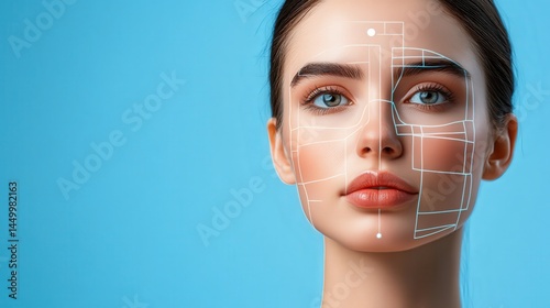 Facial Recognition Technology Young Woman with Biometric Scan Overlay on Blue Background