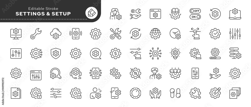 Settings and setup line icon set. Option, installation, regulation and control tool. Outline vector icon in linear style. Series of pictograms.	