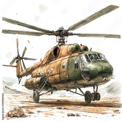 watercolor of Large Helicopter Lifting Heavy Cargo, vector, isolated on a white background.
