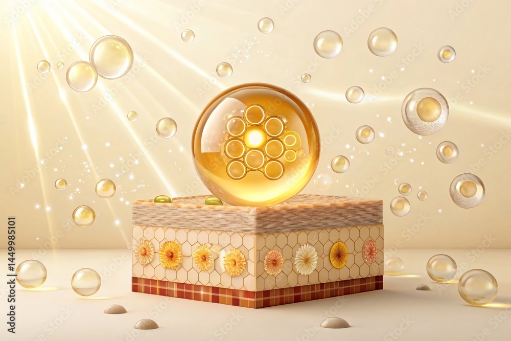 Fototapeta premium Honey Serum Skin Deep 3D Render of Honeycomb Structure Absorbing into Skin Layers