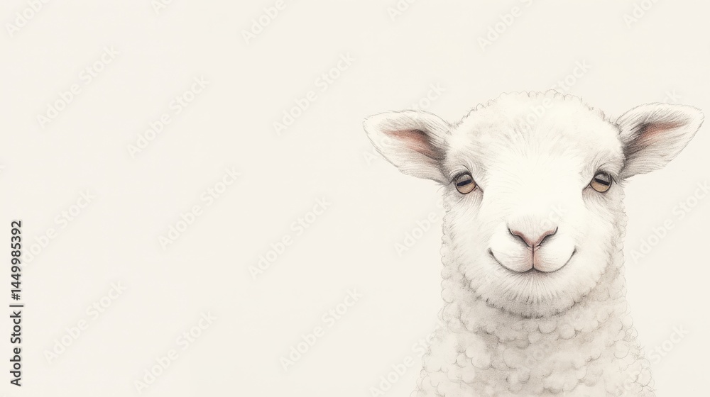 Fototapeta premium A fluffy white sheep looks friendly, centered right with a light background