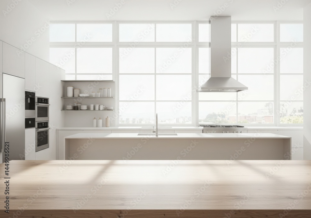 Fototapeta premium Modern kitchen empty wooden table window mockup sink in a hotel interior design