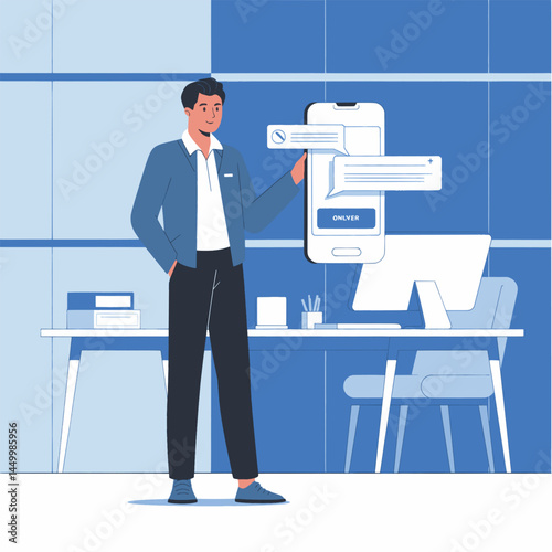 businessman use smart phones for work illustration on office background