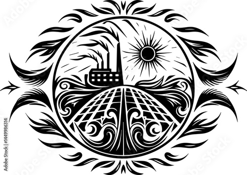 Green ecology promotes sustainability through mindful living, captured in a clean SVG vector.Industrial Landscape with Factory, Waves, and Sun in Black and White