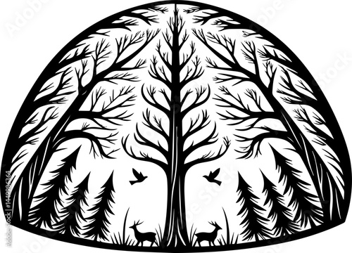 Green ecology promotes sustainability through mindful living, captured in a clean SVG vector.Intricate Forest Silhouette with Deer and Birds in Nature Scene