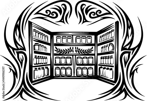 Green ecology promotes sustainability through mindful living, captured in a clean SVG vector.Artistic illustration of a vintage-style pantry with herbs and jars