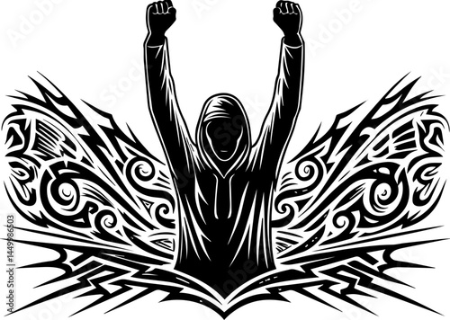 svg Cyber Hacker networkPowerful Silhouette of a Person with Raised Fists in Victory Pose