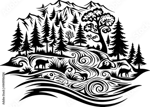 Green ecology promotes sustainability through mindful living, captured in a clean SVG vector.Scenic Black and White Illustration of Nature with River and Mountains