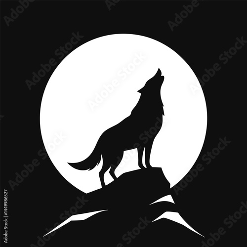 Silhouette of howling wolf, full moon backdrop, rocky cliff, black and white image, high contrast, minimalist design, graphic art style, iconic wolf pose, nighttime scene, lunar symbolism