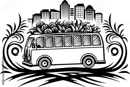 Green ecology promotes sustainability through mindful living, captured in a clean SVG vector.Vintage style bus loaded with fresh produce against city skyline