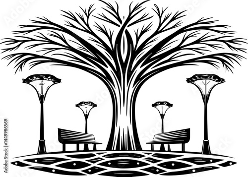 Green ecology promotes sustainability through mindful living, captured in a clean SVG vector.Black and White Silhouette of a Tree with Benches and Street Lamps
