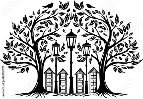Green ecology promotes sustainability through mindful living, captured in a clean SVG vector.Elegant Silhouette of Trees and Lanterns in Artistic Composition