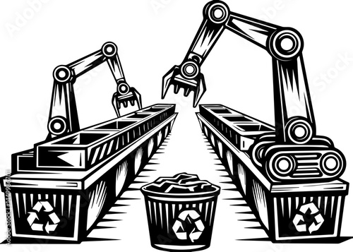 Green ecology promotes sustainability through mindful living, captured in a clean SVG vector.Industrial Recycling Facility with Robotic Arms and Waste Bins