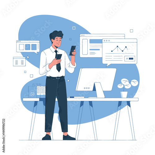 businessman use smart phones for work on office background illustration