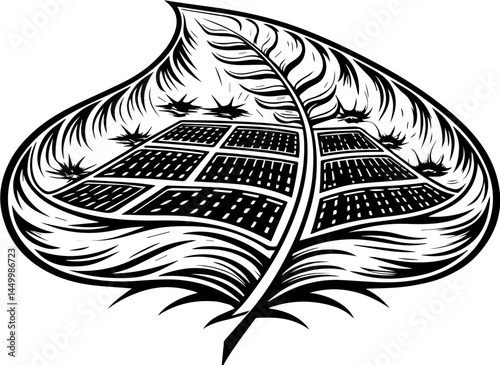 Green ecology promotes sustainability through mindful living, captured in a clean SVG vector.Leaf Design with Solar Panels in Artistic Black and White Style