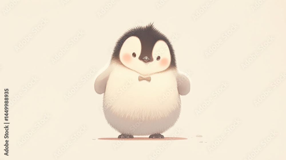 Obraz premium A fuzzy, charming, cartoon penguin with a tiny bow tie stands happily