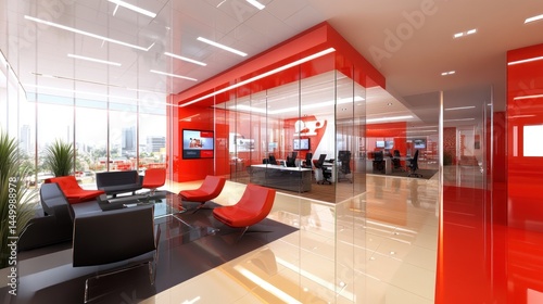 Red office lobby, city view, meeting