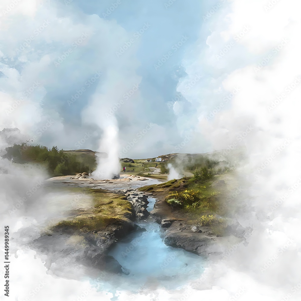 Obraz premium Geothermal Eruption in Iceland A Serene Watercolor Landscape.