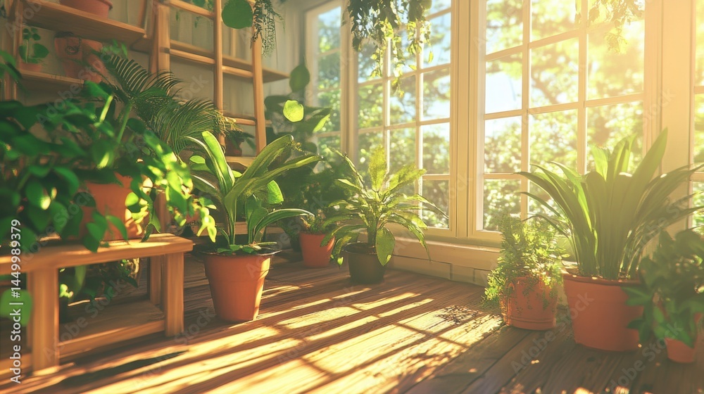 Fototapeta premium Airy home filled with natural light and houseplants symbolizing healthy living
