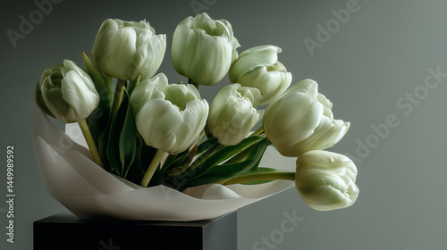 Elegant White Tulip Bouquet Wrapped in Paper on Pedestal