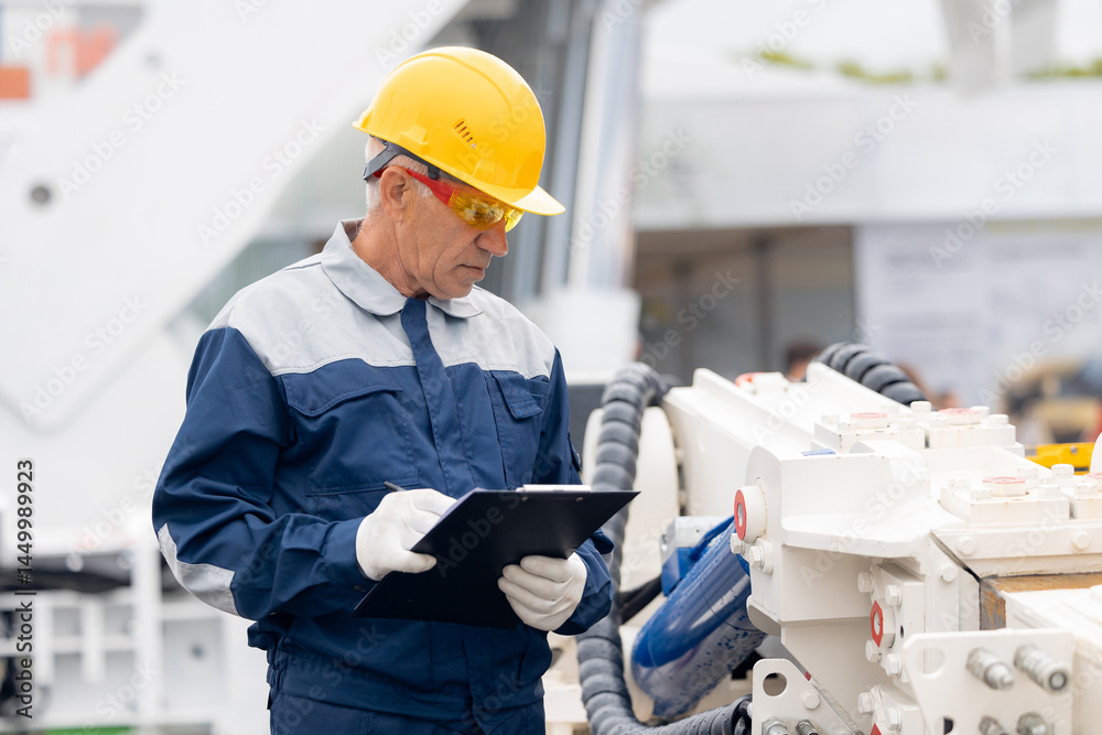 Engineer worker uses computer tablet to configure equipment. Service diagnostics and repair of hydraulic systems and hoses for industrial truck
