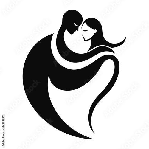 Minimalist black and white logo, abstract couple silhouette, flowing curves, romantic embrace, yin yang style, negative space design, simple elegance, symbolic love representation