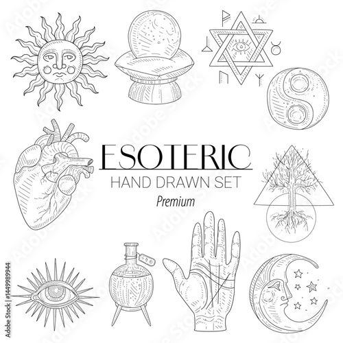 Hand-drawn esoteric vector set including crystals, tarot cards, moon phases, candles, herbs, and mystical symbols. Ideal for spiritual design and metaphysical projects.