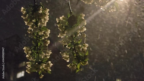 cherry blossoms tremble in the wind under the snow on a may evening. flowers and snowfall in the dark against the background light. 