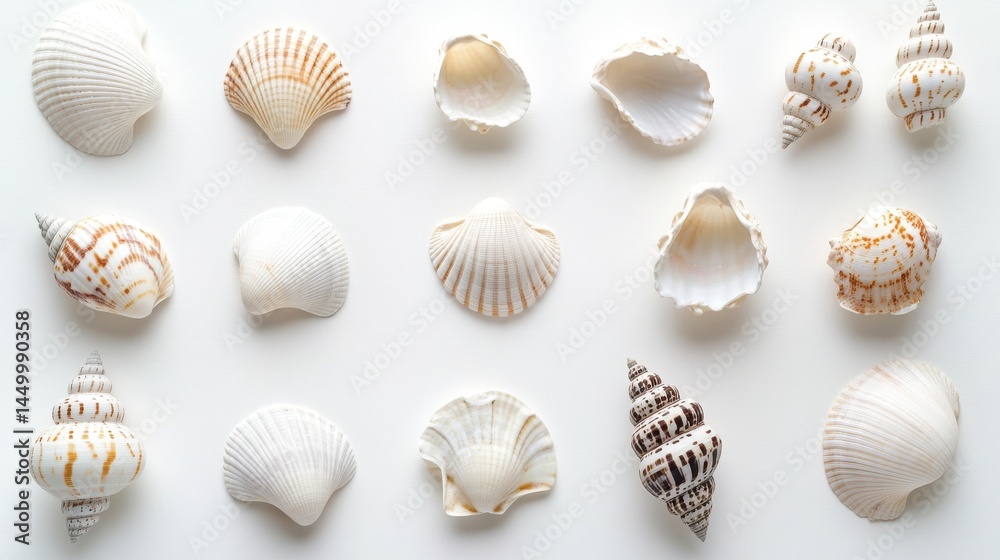 Collection of white seashells on white background