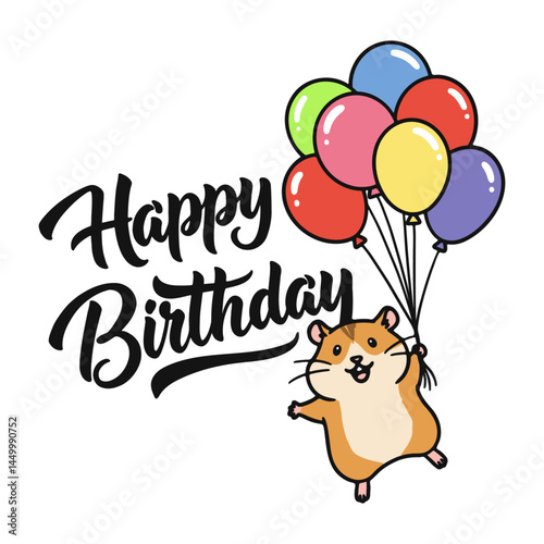 happy birthday card with a hamster flying on balloons illustration