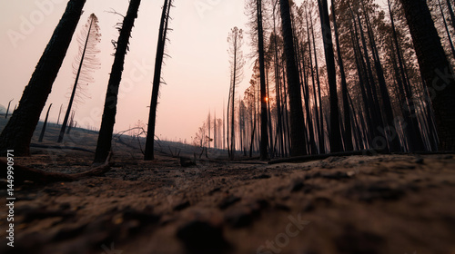 Burned forest with glowing embers under an orange sky, aftermath of wildfire