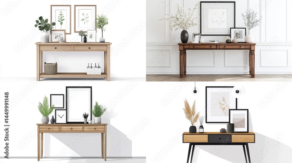 Fototapeta premium Four wooden console tables with framed art, plants, and decorative accents