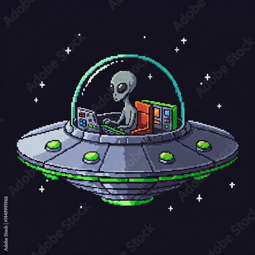 pixel art illustration of ufo and aliean