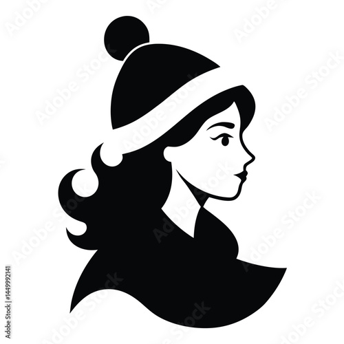 Black and white illustration, profile portrait, young woman, winter hat, curled hair, minimalist style, high contrast, graphic design, silhouette, clean lines, vintage aesthetic, fashion icon