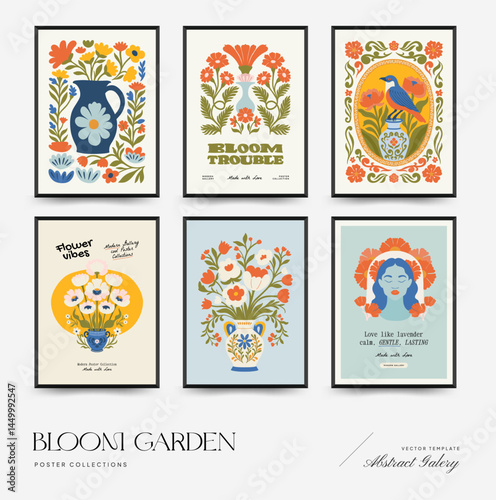 Abstract floral posters template. Modern trendy Matisse minimal style. Pink and blue colors. Hand drawn design for wallpaper, wall decor, print, postcard, cover, template, banner.