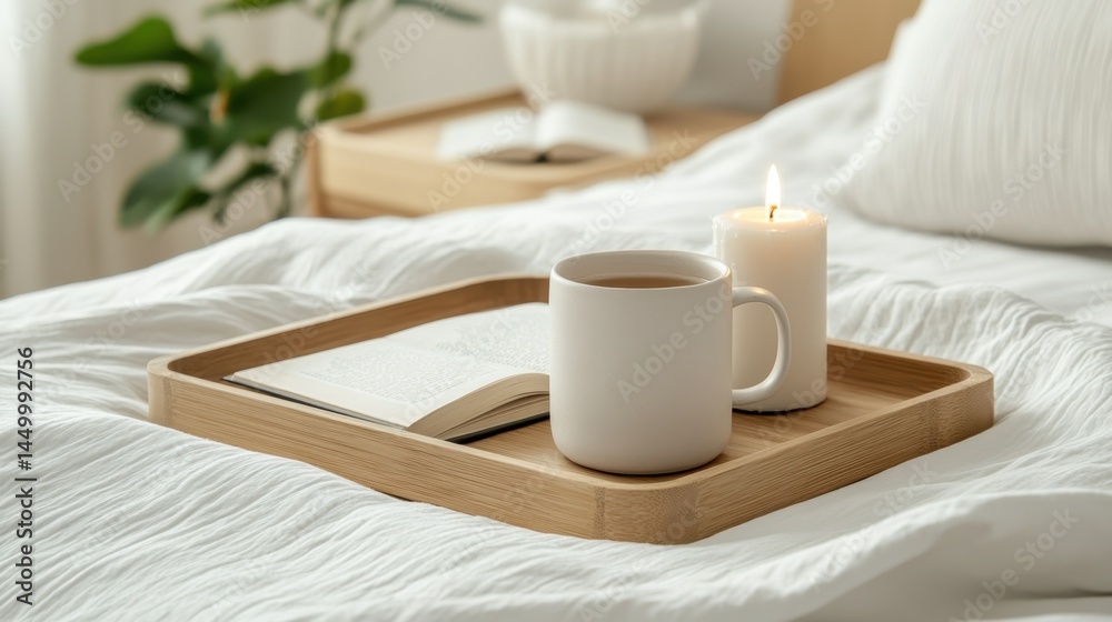 Calm morning scene with tea, book, and a candle on a wooden tray in bed with white sheets Calm morning scene with tea, book, and a candle on a wooden tray in bed with white sheets