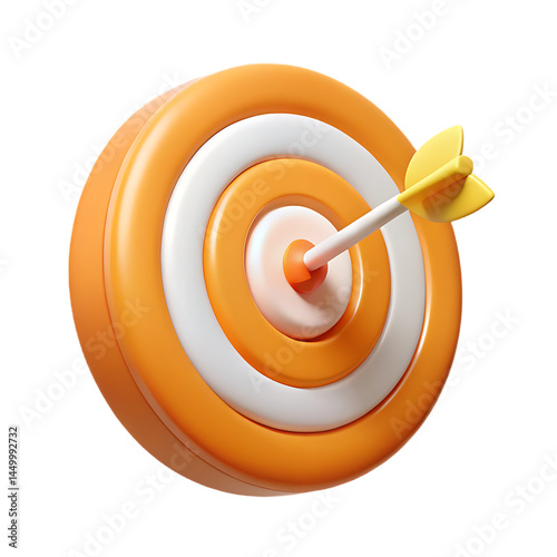 3D Rendering of an orange target with a yellow dart hitting bullseye