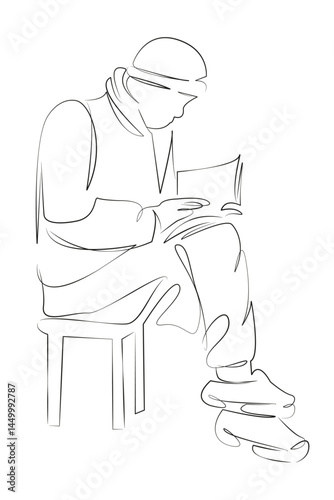 One continuous single drawing line art flat doodle book, reading, relaxation, man, adult. Isolated image hand draw contour on a white background, hand drawn, not AI