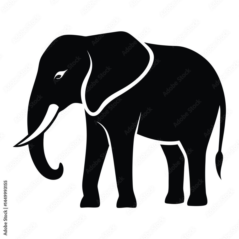 Fototapeta premium Silhouette elephant, black and white illustration, minimalist design, side profile, curved tusk, large ear, strong contour, graphic art style, clean lines, simple shape, iconic animal symbol,