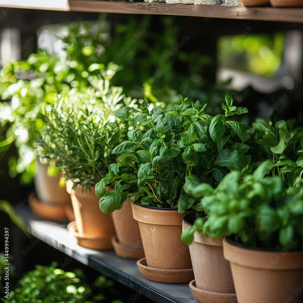 Lush herb garden with diverse greenery in pots Lush herb garden with diverse greenery in pots