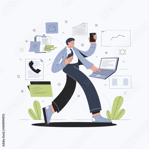businessman with many hands is busy design on white background