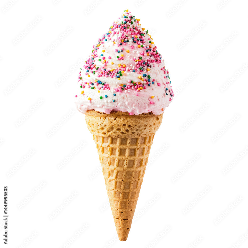 Pink ice cream cone topped with colorful sprinkles. A waffle cone holds a scoop of pink ice cream, generously covered in multi-colored sprinkles Pink ice cream cone topped with colorful sprinkles. A waffle cone holds a scoop of pink ice cream, generously covered in multi-colored sprinkles