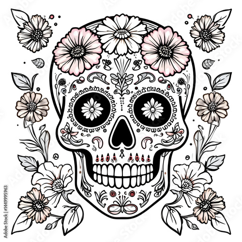 Mexican sugar skull with flowers coloring page
