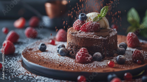 A Sprinkle of Sweet Magic: Powdered Sugar Gently Falls Upon a Rich Chocolate Cake Topped with Vanilla Ice Cream and Fresh Berries, Creating an Elegant Dessert Moment.